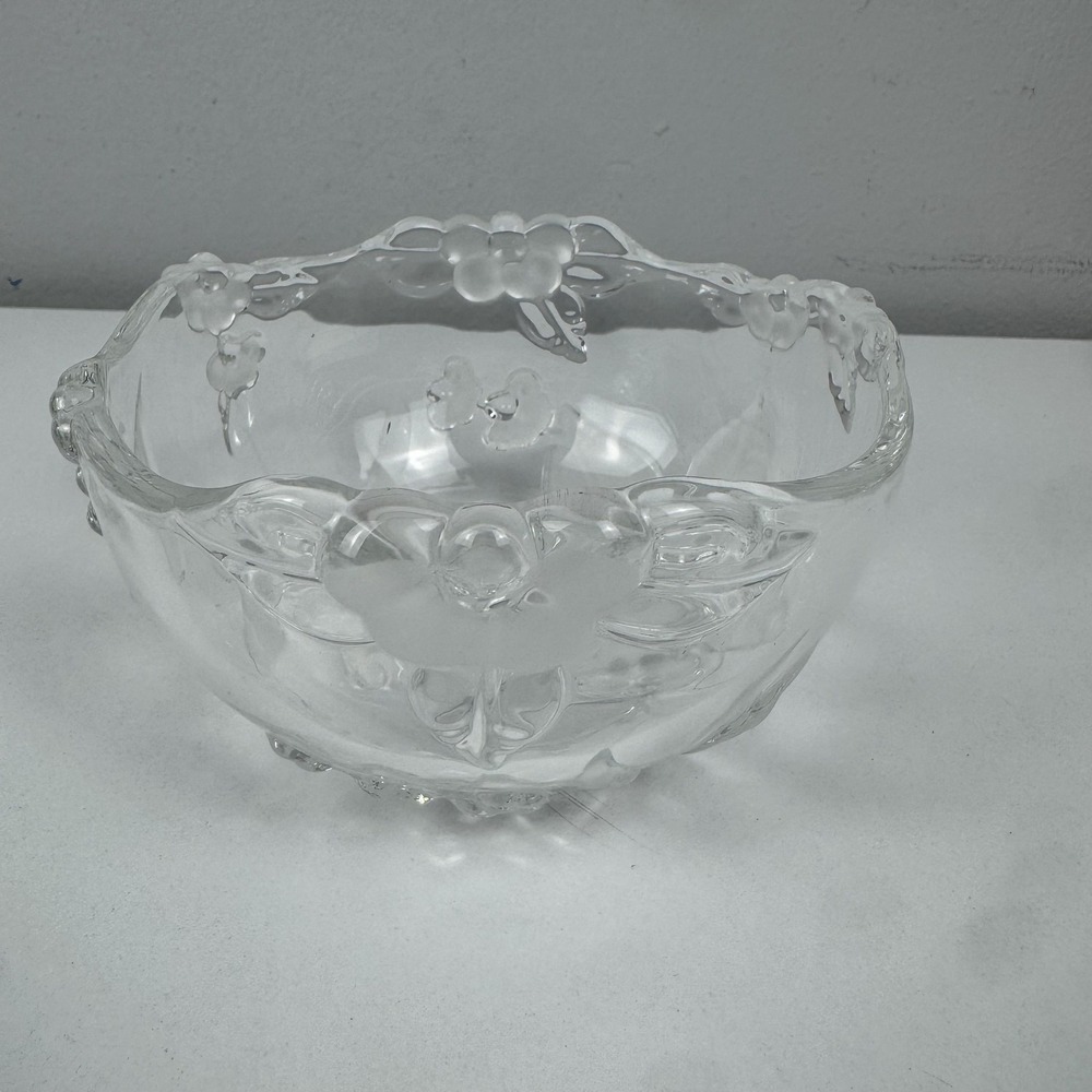 Clear Pressed Glass Floral Round Decorative Bowl Frosted Flowers Contemporary